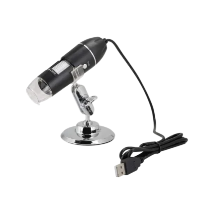 A USB digital microscope with 1600X magnification attached to a metal desktop stand, showing its LED ring and focus dial.