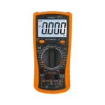 A VC890C+ professional digital multimeter with a yellow protective rubber holster, rotary dial, LCD screen, and connected test probes.