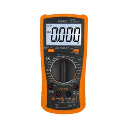 A VC890C+ professional digital multimeter with a yellow protective rubber holster, rotary dial, LCD screen, and connected test probes.