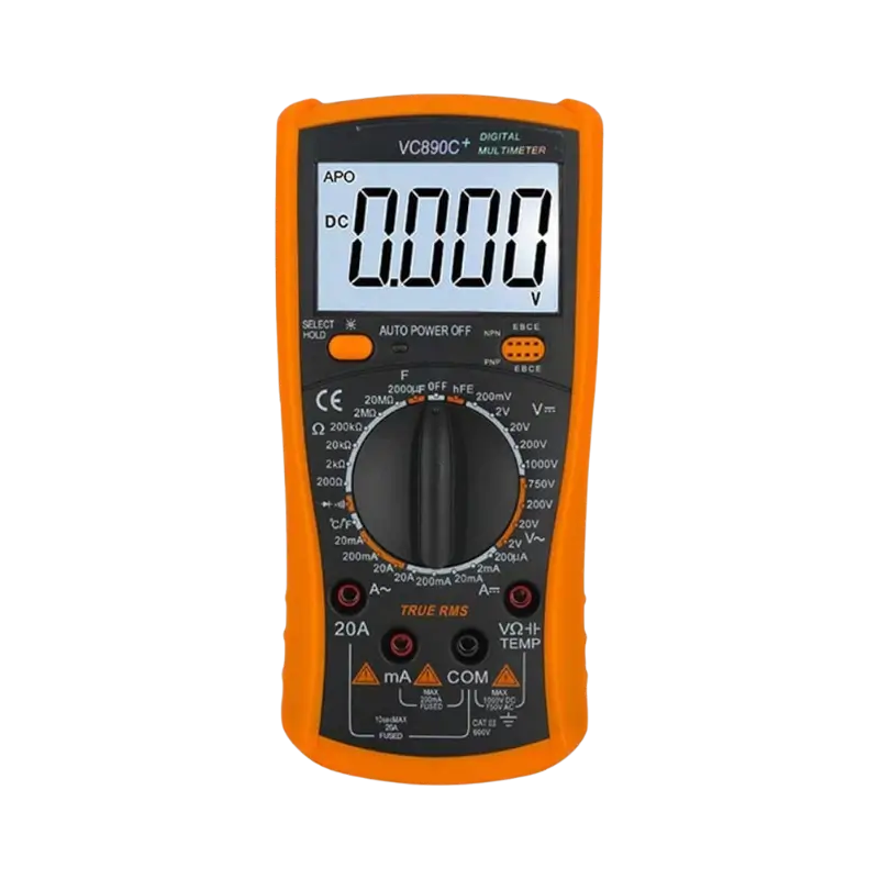 VC890 A VC890C+ professional digital multimeter with a yellow protective rubber holster, rotary dial, LCD screen, and connected test probes.