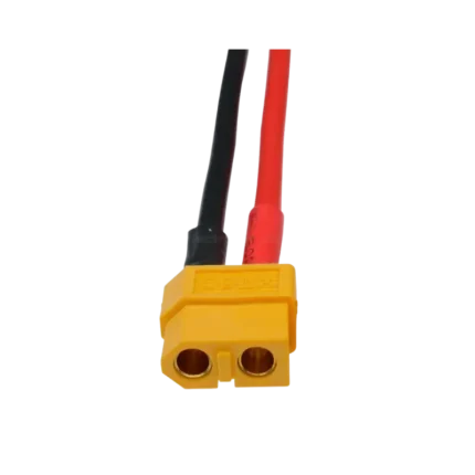 A heavy-duty 15cm power extension cable featuring a yellow nylon XT60 female connector with gold-plated sleeve terminals, attached to thick red and black flexible 14AWG silicone wires.