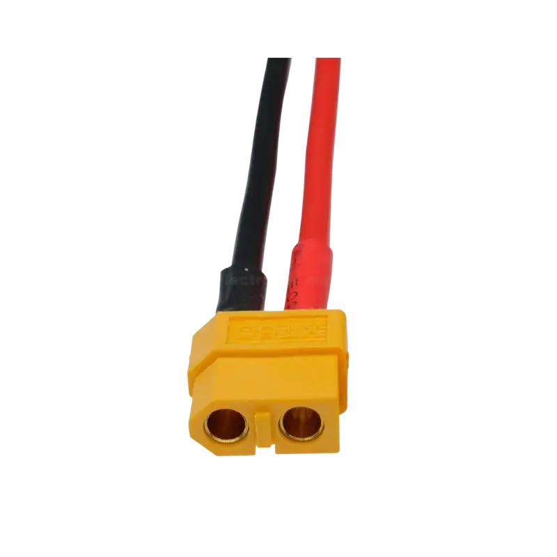 XT60 LiPo Battery Wire Extension 15cm - faMale A heavy-duty 15cm power extension cable featuring a yellow nylon XT60 female connector with gold-plated sleeve terminals, attached to thick red and black flexible 14AWG silicone wires.