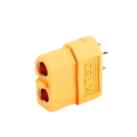 A standalone yellow high-temperature nylon XT60 female connector displaying two internal gold-plated brass sleeve ports and an asymmetric, keyed anti-reversal profile.