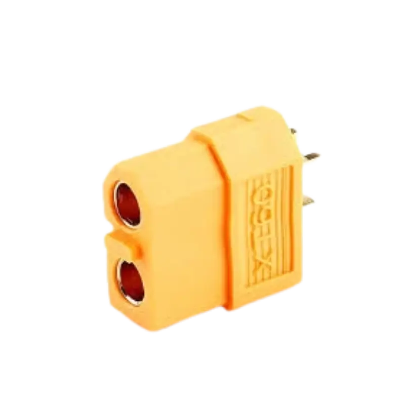 XT60 LiPo Battery connector- female A standalone yellow high-temperature nylon XT60 female connector displaying two internal gold-plated brass sleeve ports and an asymmetric, keyed anti-reversal profile.