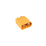 A standalone yellow high-temperature nylon XT60 male connector displaying two prominent internal gold-plated solid brass pins and an asymmetric, keyed anti-reversal profile.