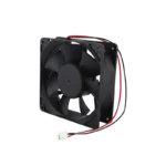 A square 120x120x19mm black plastic DC cooling fan with central motor hub, curved blades, and wire leads.
