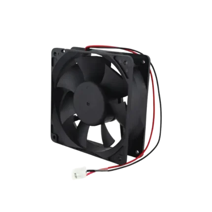 A square 120x120x19mm black plastic DC cooling fan with central motor hub, curved blades, and wire leads.