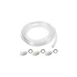A length of clear 6mm inner diameter and 8mm outer diameter PVC water pump tubing coiled neatly against a workshop background.