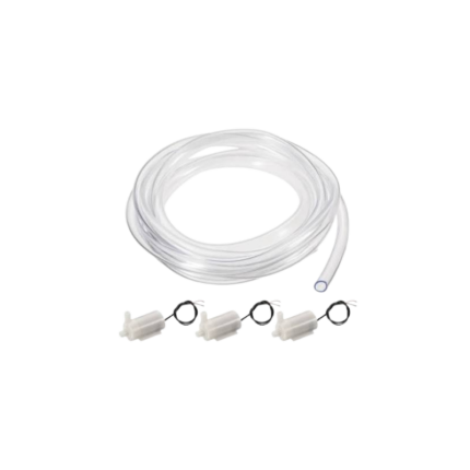 A length of clear 6mm inner diameter and 8mm outer diameter PVC water pump tubing coiled neatly against a workshop background.